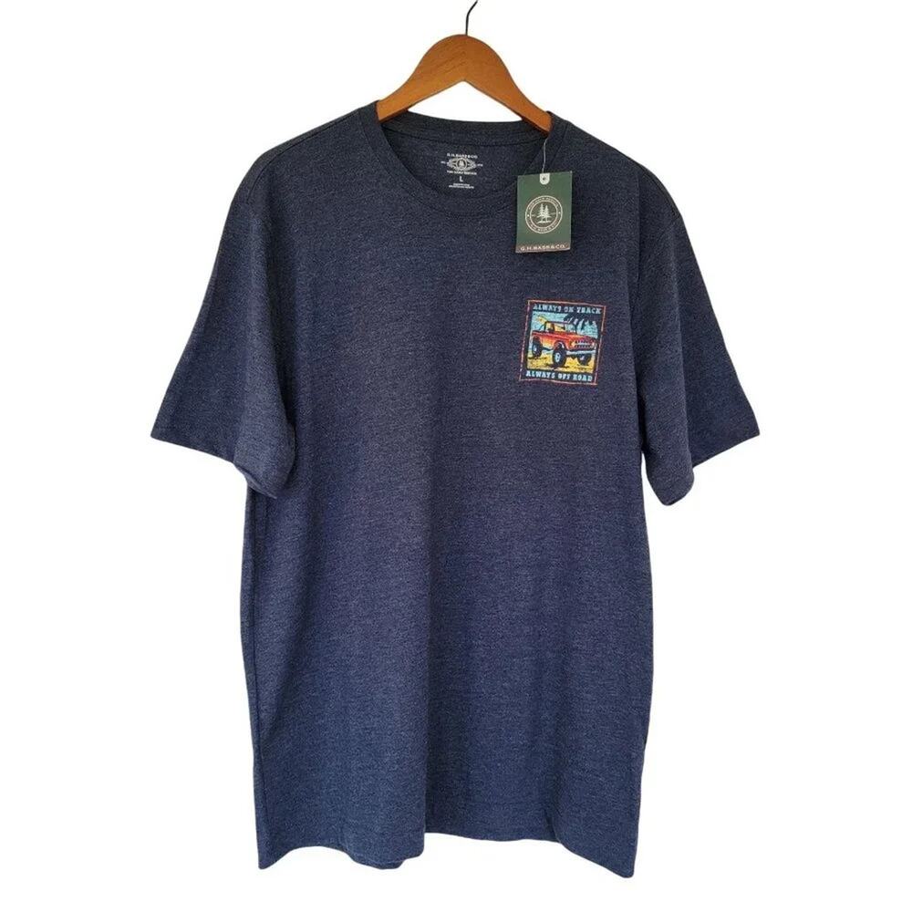 G H Bass Mens Graphic Tee Navy Blue Adventure Off Road Truck Shirt Size L